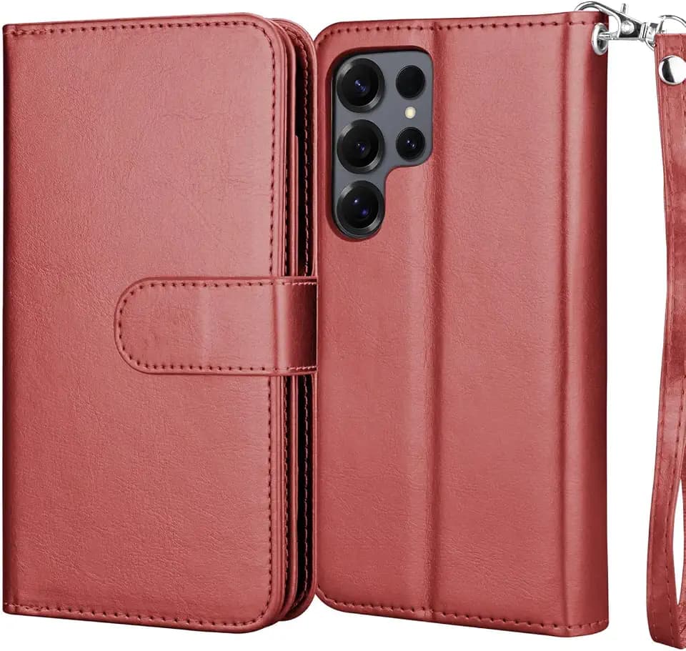 Njjex Galaxy S24 Ultra Case, for Samsung Galaxy S24 Ultra Wallet Case, [9 Card Slots] PU Leather ID Credit Card Holder Folio Flip [Detachable] Kickstand Magnetic Phone Cover & Lanyard [Wine Red]