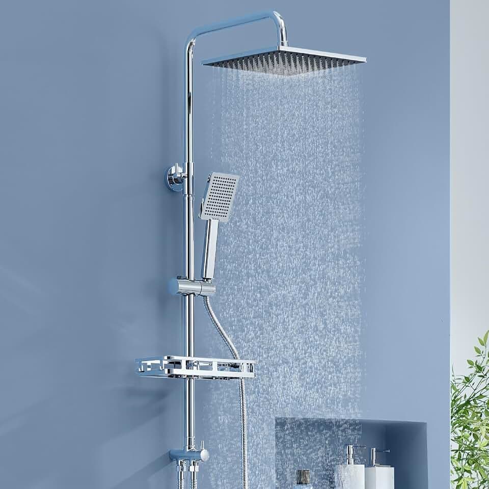Auralum Regendusche ohne Duscharmatur, Edelstahl Duschsystem mit Bohrfree-ablage, Dusche Komplettset mit Messing-Wasserteiler, 25cmx25cm Duschkopf, Höhenverstellbare Duschstange mit Regendusche, Chrom
