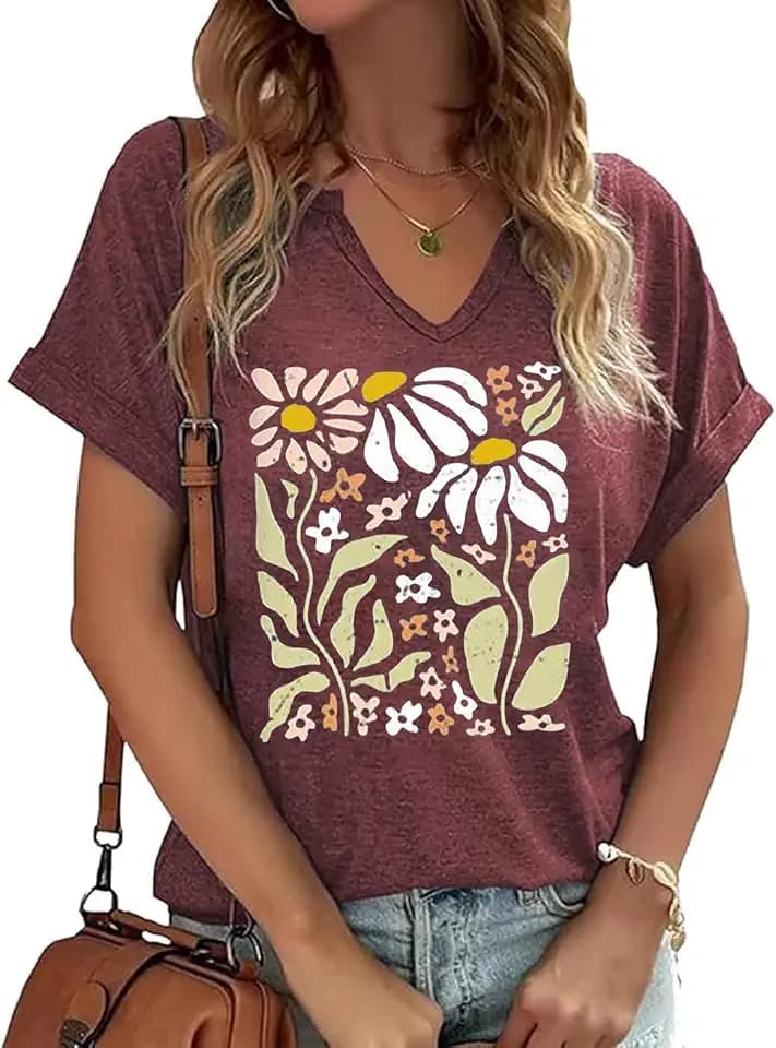 PUCKOLITY Vintage Flowers V Neck Shirt for Women Boho Floral Wildflowers Graphic Tee Casual Cottagecore Summer T Shirt