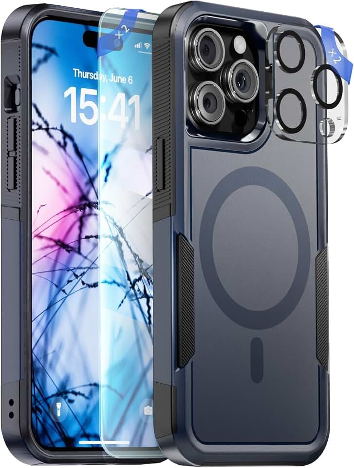 RFUNGUANGO für iPhone 15 Pro Max Hülle kompatibel mit Magsafe, mit 2X Displayschutzfolie aus gehärtetem Glas, 2X Kameraobjektivschutz, hartem PC und weichem TPU, stark sturzsicher,Mitternachtsblau