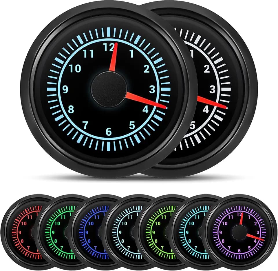ARTILAURA 2" 52mm Clock Gauge 7 Color Waterproof 0-12 Hours Clock Meter Gauge for Car Boat (Black)