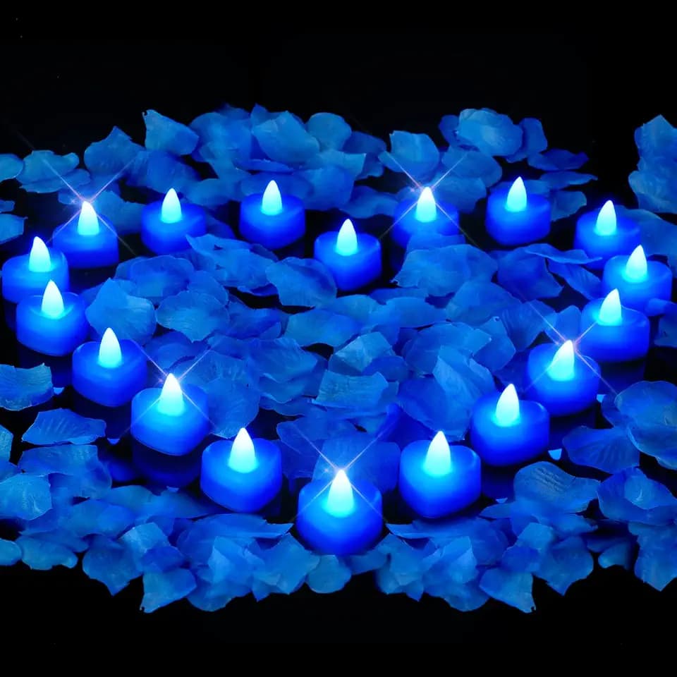 Amagic 4000 Pieces Blue Artificial Rose Petals with 50 Blue Heart LED Tea Lights, Rose Petals and Candles Set for Proposal, Anniversary, Romantic Night, Wedding Decor