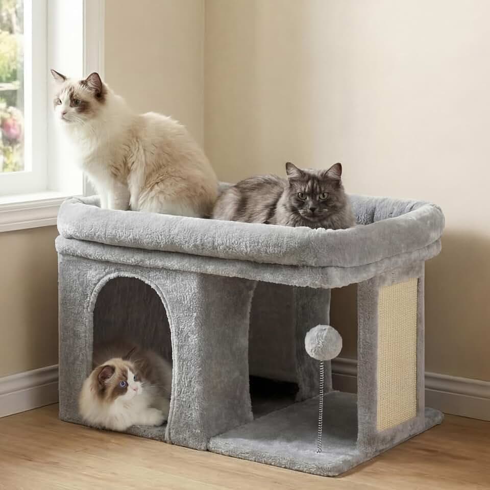 Heybly Kratzbaum, 35 cm Hoher Katzenbaum mit Großem Ruhebett und Gemütlichem Katzenhaus für Erwachsene Katzen, Inklusive Kratzpfosten und Interaktivem Plüschball, Hellgrau HCT203SW