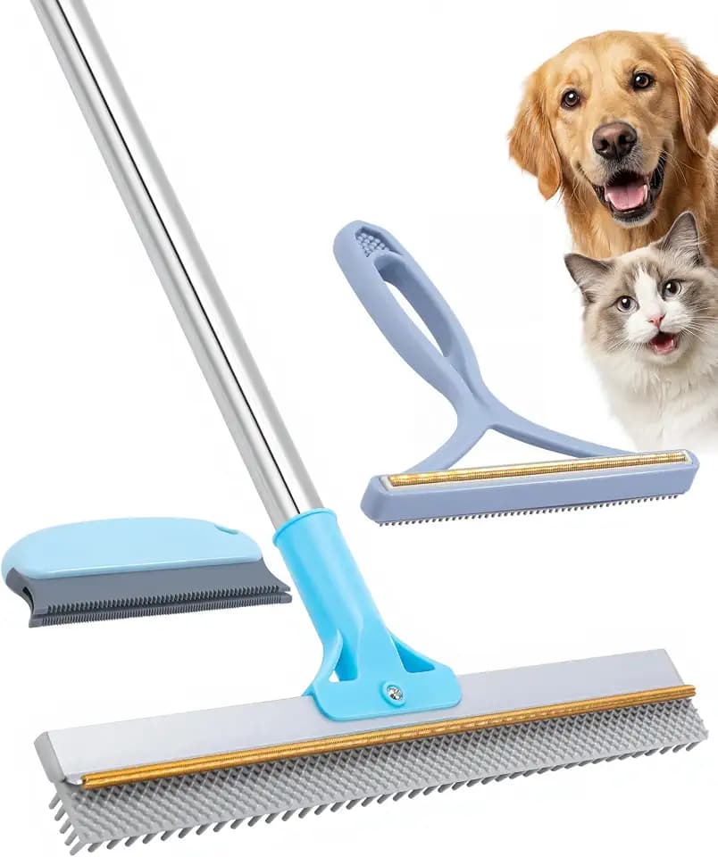 Carpet Rake for Pet Hair Removal - 54''Adjustable Long Handle Carpet Rake, 3 in 1 Reusable Silicone Carpet Broom with 2 Lint Scrapers, Pet Hair Remover Broom for Rugs, Mats, Couch, Car Interiors