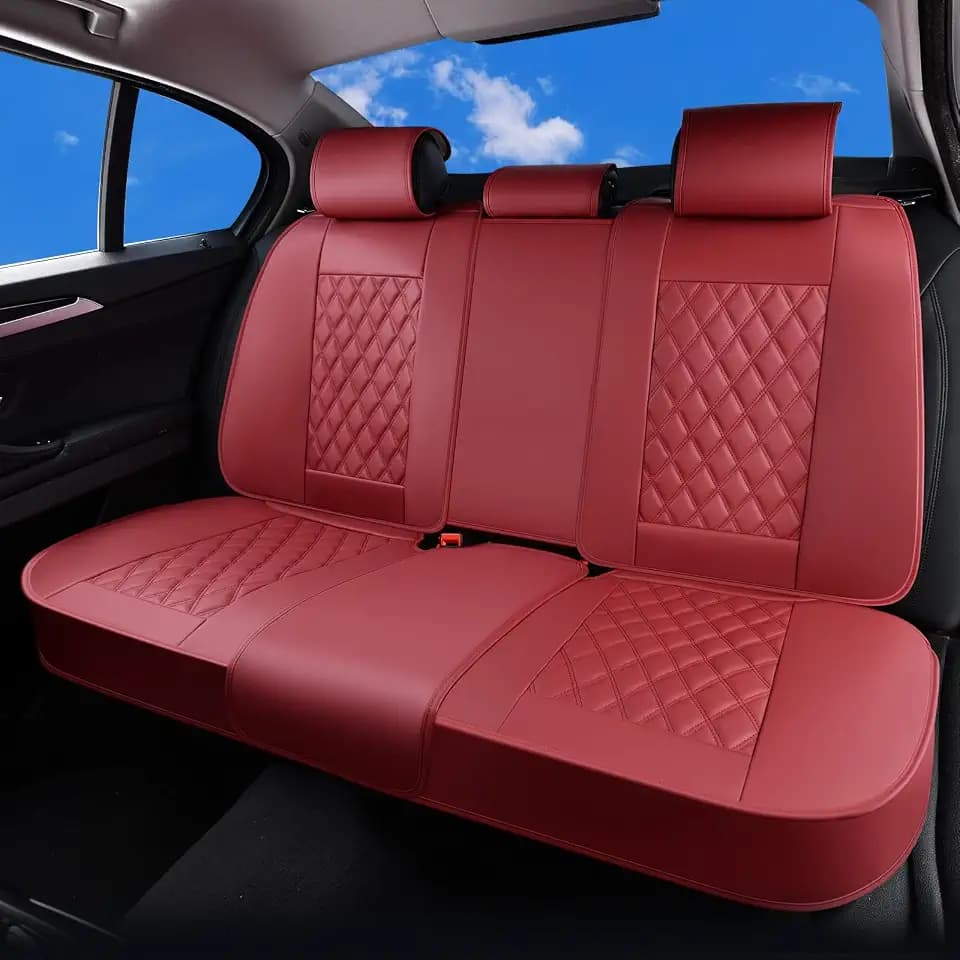 Huidasource Rear Car Seat Cover, Nappa Leather Rear Seat Cover Velcro Adjustable, Compatible with Seat Belts, Child Safety Seats, Universal Fit for Most Cars SUVs Trucks (Back Row/Red)