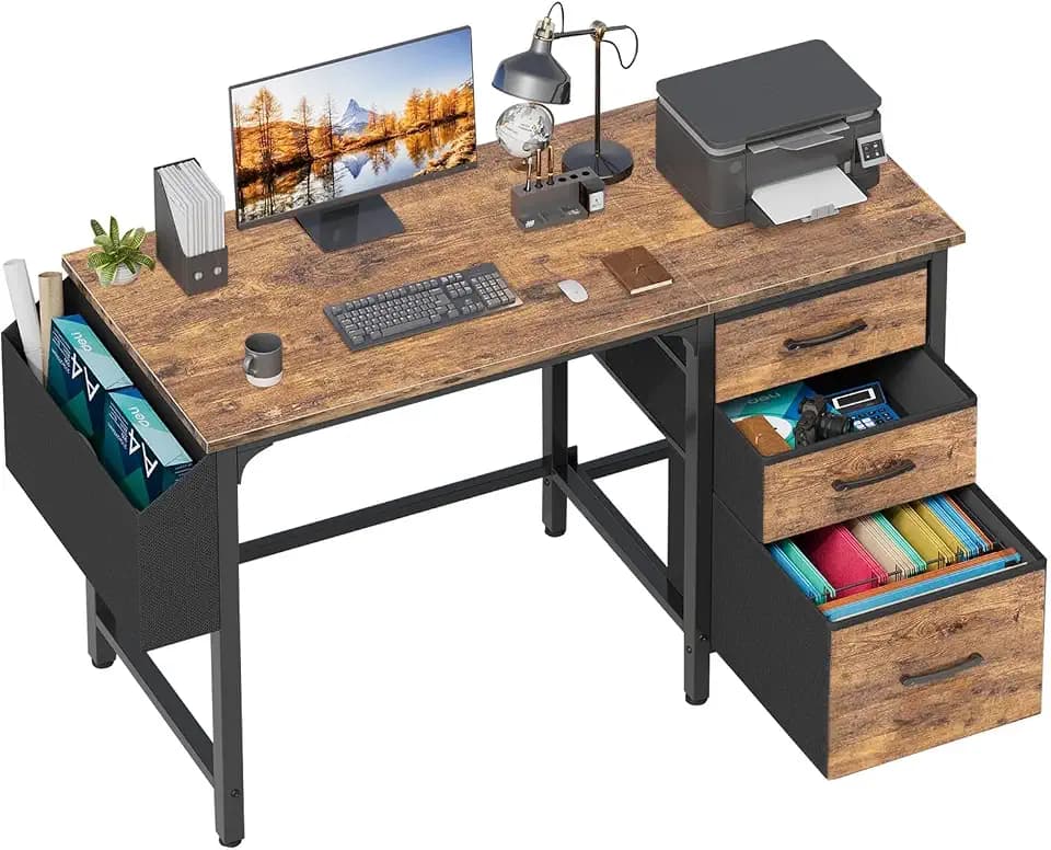 Lufeiya Kleinen Schreibtische mit Stoff Schubladen PC Schreibtische für Heimbüro Arbeitszimmer, Computertisch Vintage Braun 120x50x75cm