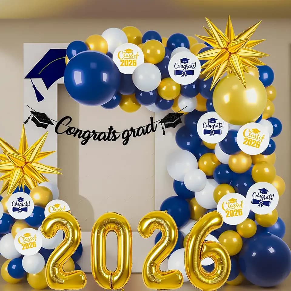 Graduation Balloon Arch Garland Kit 2026, 18" 10" Blue Gold Balloons with Congrats Grad Banner 32" 2026 Foil Balloons for Class of 2026 Party Decorations High School College Celebrations