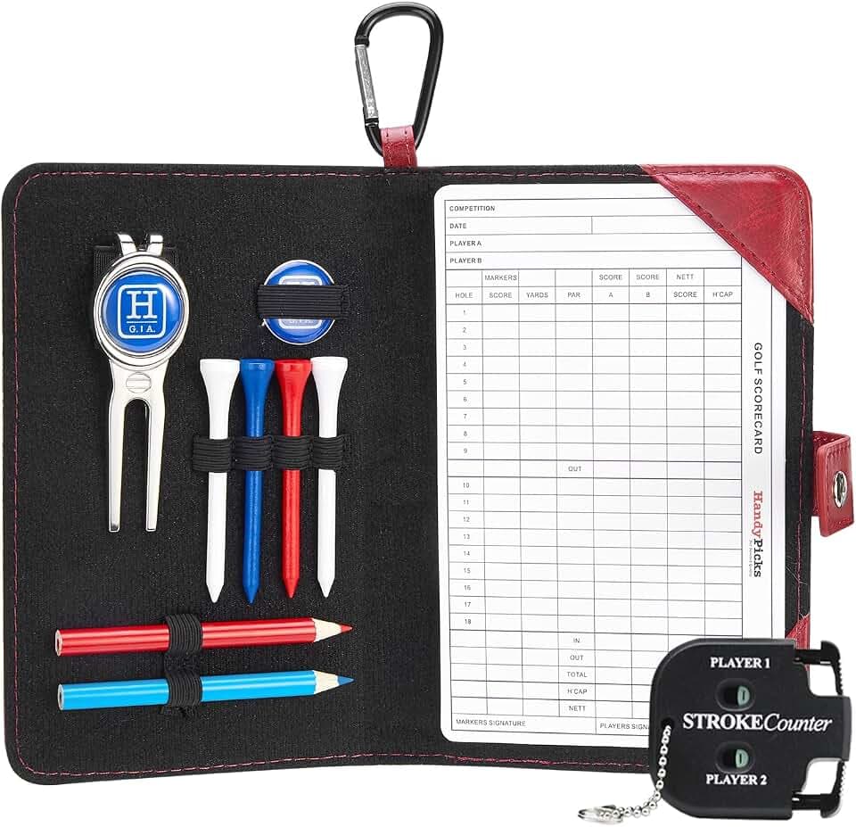 Handy Picks Golf Scorecard-Halter Yardage Buchcover aus echtem Leder - Divot Reparaturwerkzeug, Ballmarker, Golf Tees, Bleistifte n Scorecards, Scorzähler inklusive - Geschenk für Golfer