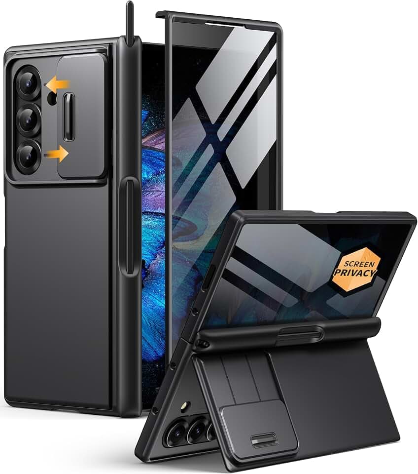 BERFY for Z Fold 7 Case, Built-in Privacy Screen & Kickstand, Black Stylus