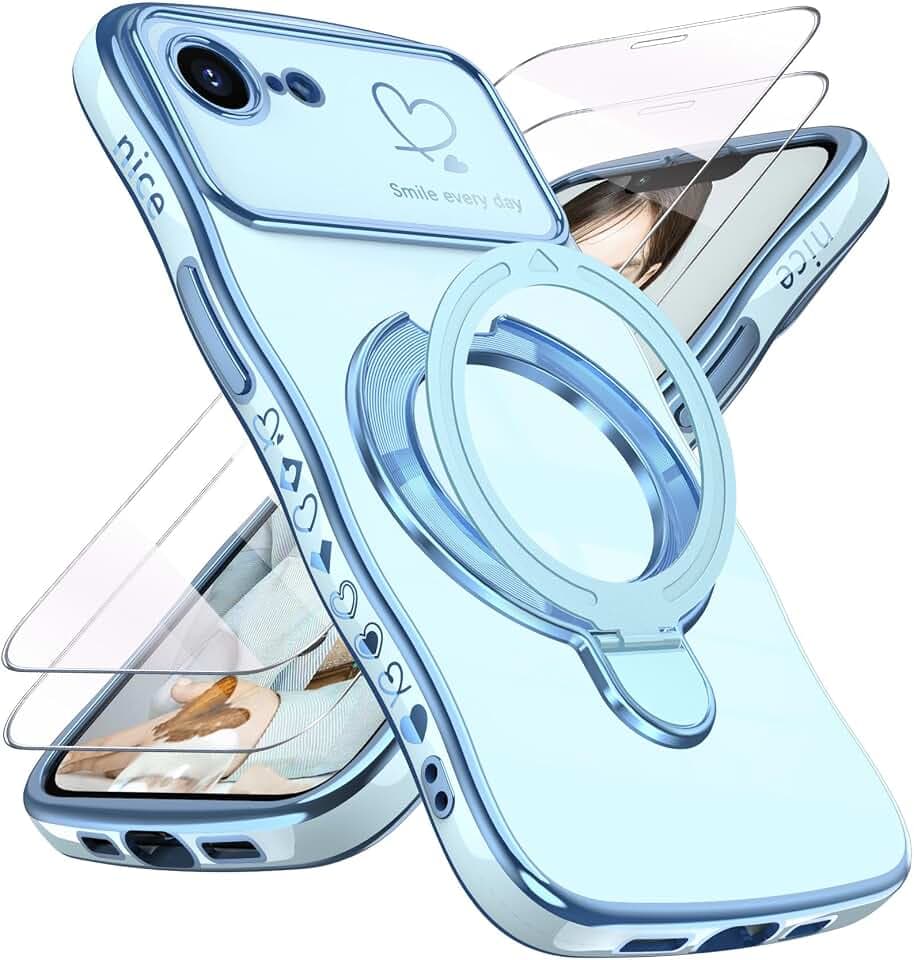 for iPhone 16e/17e Cute Wavy Edge Phone Case with Stand,Blue