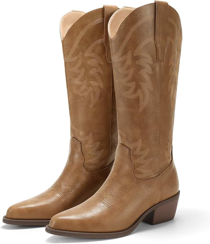 Coutgo Womens Cowboy Boots Mid Calf Chunky Heel Embroidered Western Boots