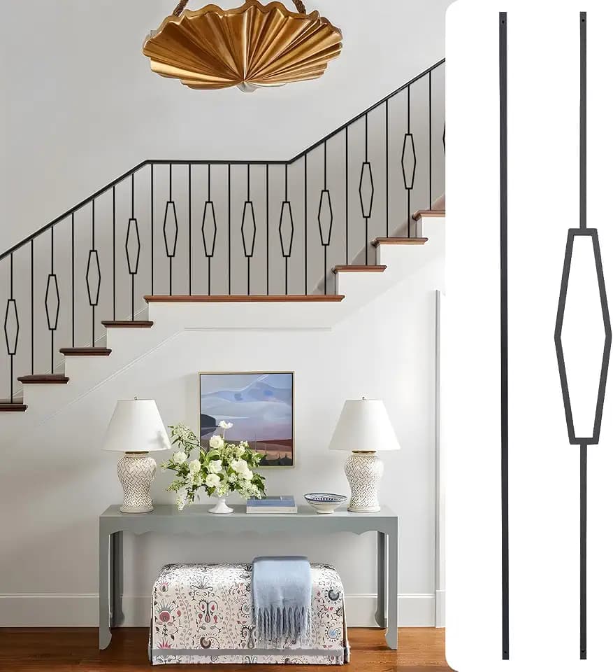 10 Pack Wrought Iron Balusters for Staircase Interior, 44" x1/2" Hollow Deck Spindles Stair Railing Indoor - Metal Decorative Balusters Hollow Black (5 Hexagon & 5 Straight)