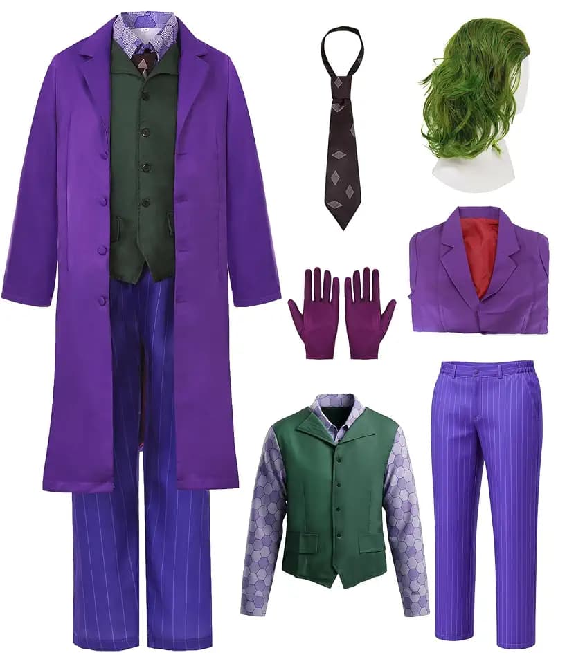 Mens Halloween Clown Costume Set with Coat Shirt Pants Wig Gloves