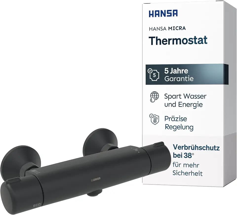 HANSA MICRA Thermostat Dusche I Duscharmatur mit Verbrühschutz 38°C & ThermoCool Funktion I Wassersparend mit EcoFlow 11,4 l/min | Mischbatterie für Badezimmer | Bad Armatur Duschthermostat |Schwarz