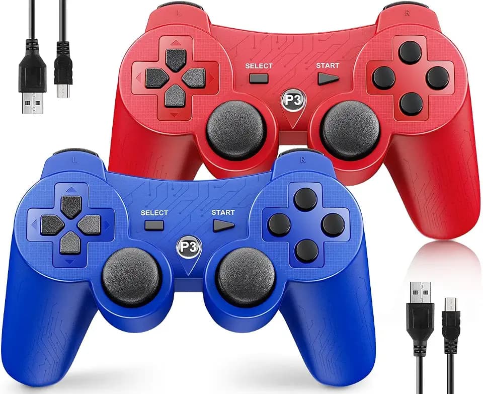 OKHAHA Controller 2 Pack for PS3 Wireless Controller for Sony Playstation 3, Double Shock 3, Bluetooth, Rechargeable, Motion Sensor, Remote for PS3 (With Stripes(Blue + Red))