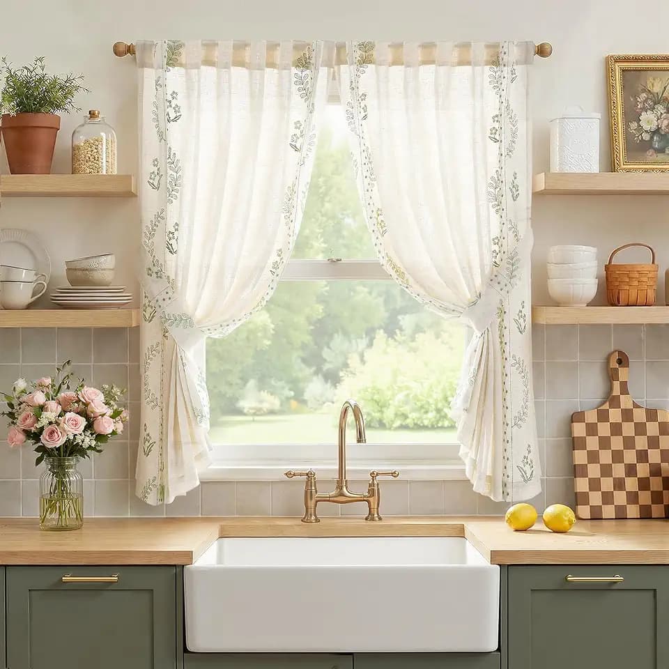 jinchan Green Floral Linen Kitchen Tier Curtains 50x54 Inch 2 Panels