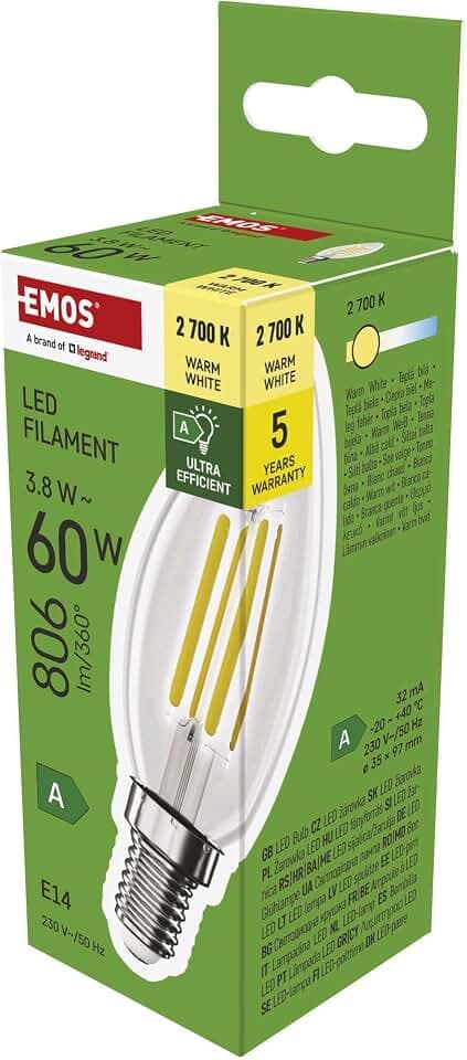 EMOS LED Lampe Edison Candle, 3,8W Ersatz für 60W Glühbirne, A Klasse Vintage-Birne E14 Sockel, Helligkeit 806 lm, Warmweiß 2700 K, extra Lange Lebensdauer 50000h, CRI min. 80, 360° Abstrahlwinkel