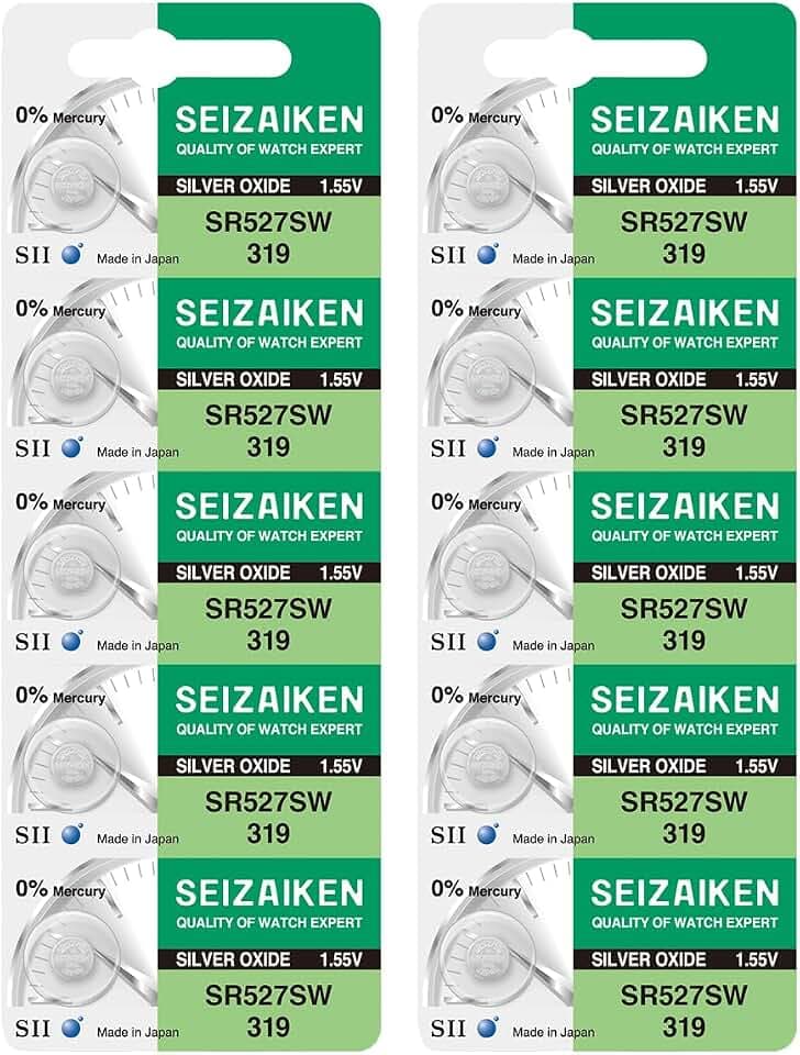 Seizaiken 319 SR527SW 1,55 V 0 % Hg Silberoxid-Uhrenbatterie (10 Batterien) Hergestellt in Japan von Seiko
