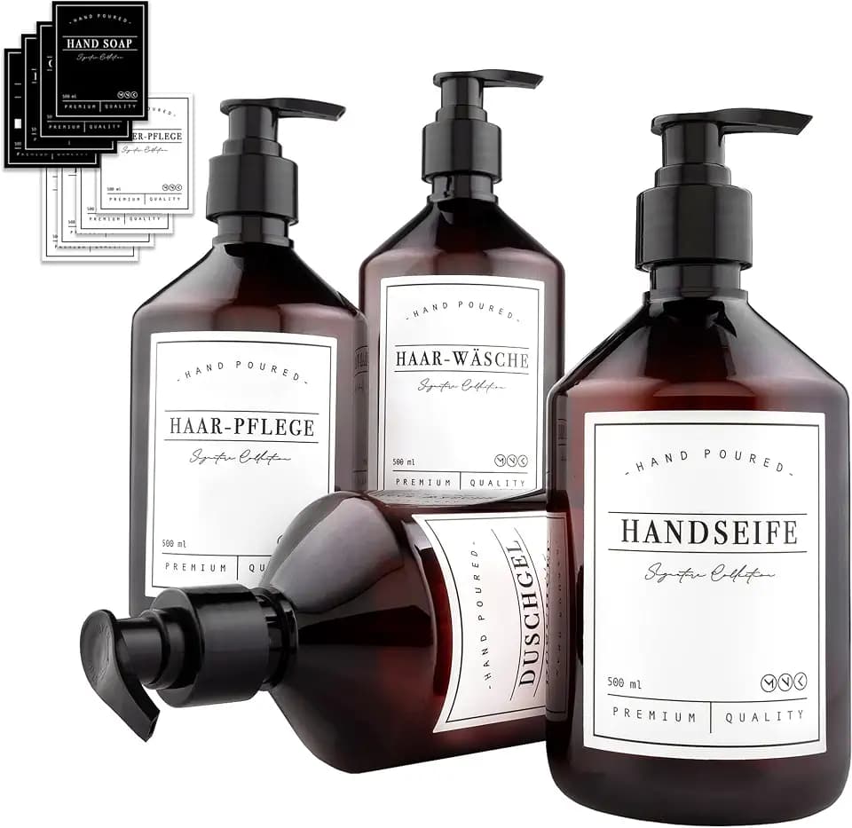 MONOKO 4er Set Seifenspender Kunststoff Braun 250ml Flasche - Plastik Shampoo Spender zum Befüllen - Pumpflasche inkl. Etiketten