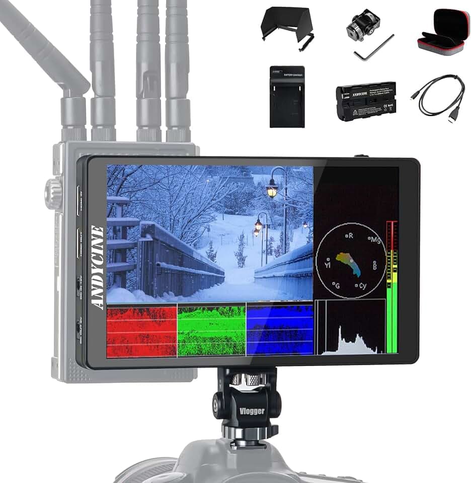 ANDYCINE C7 LITE Kit, 7 Zoll Touchscreen DSLR Kamera Field Monitor mit 3D Lut Waveform VectorScope Histogramm 4K 60Hz HDMI Input Output 1920X1200 IPS Panel mit F970 External Power & Install Kit