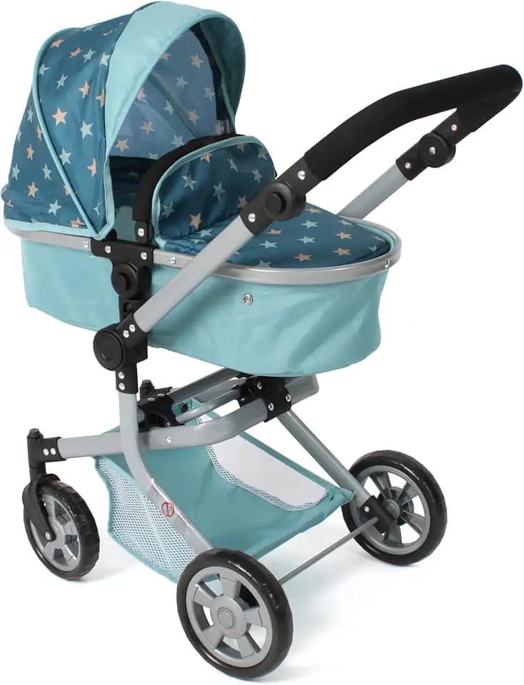 Bayer Chic 2000® 2in1 Puppenwagen Mika – Sternchen türkis – faltbar – höhenverstellbarer Griff 47-80 cm – modernes Gestell – Puppen bis 52 cm – 4-8 J, Flowers