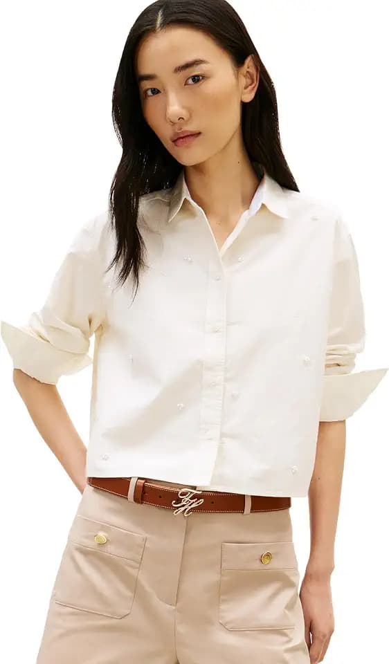 Tommy Hilfiger Women's Poplin Cropped Long Sleeve Button Down Shirt with Pearl Embellishment