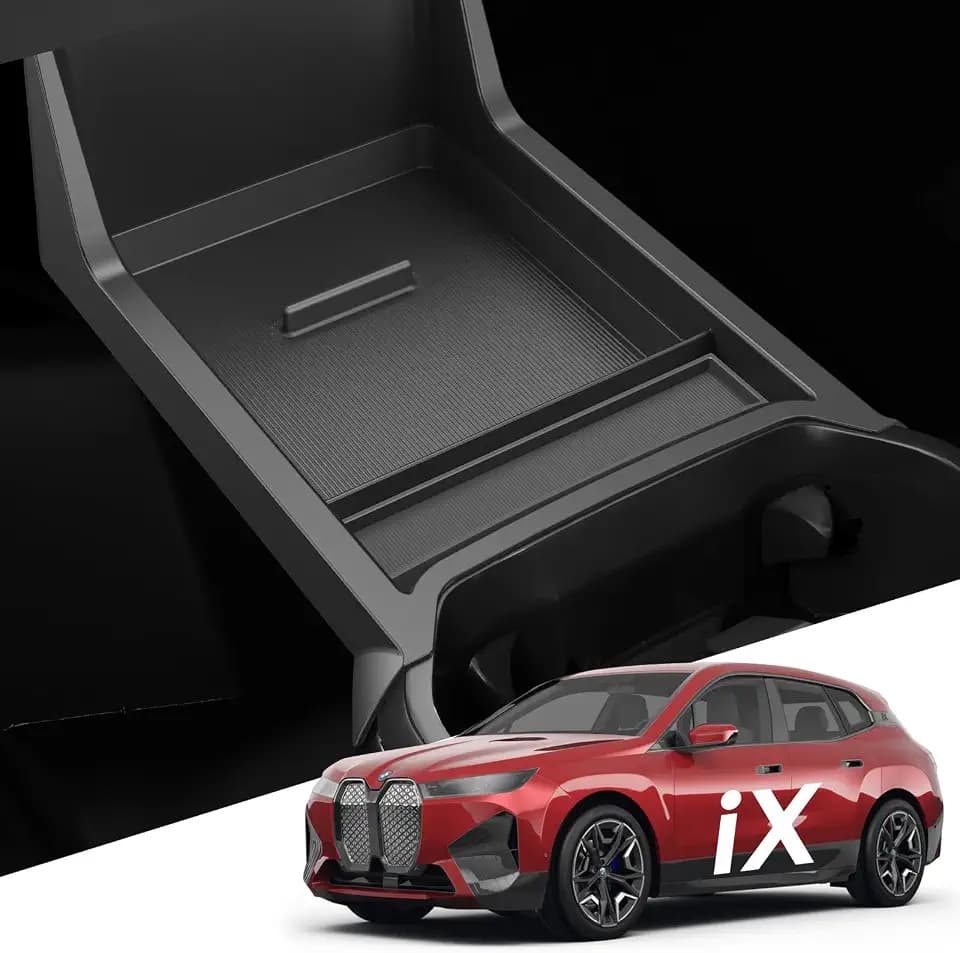 For BMW iX Lower Console Tray - Compatible with 2022-2026 BMW iX Center Console Organizer[Car Food Tray] [2-Compartment][2026 Patented Design] with Anti-Slip Thick Liquid Silicone Mat - Black
