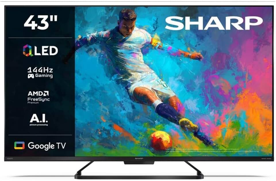 SHARP 43HR7365E 43 Zoll 4K Ultra HD QLED Google TV, 144 Hz | Dolby Vision IQ mit Lichtsensor, Dolby Atmos, DTS:X, AQUOS Wireless Surround sowie HDMI mit VRR, ALLM und eARC.