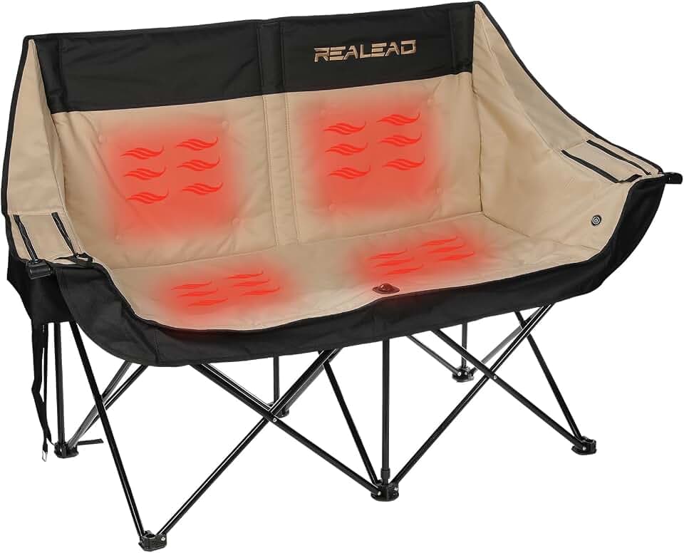 REALEAD Heated Double Camping Chair - Heated Loveseat Camping Chairs for Adults with 3 Heat Levels and 4 Heating Zones - Oversized Heated Chairs Outdoor Sports Supports 650 lbs Battery NOT Included