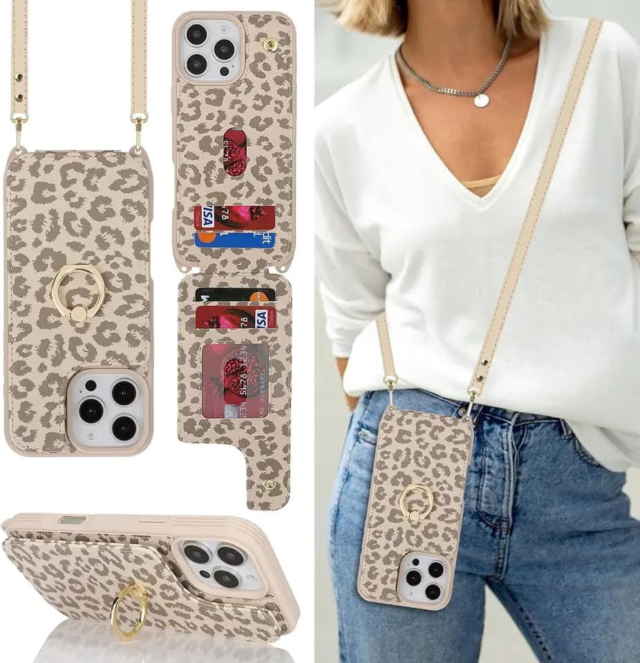 Lipvina for iPhone 16 Pro Max Case with Strap and Wallet-Beige Leopard