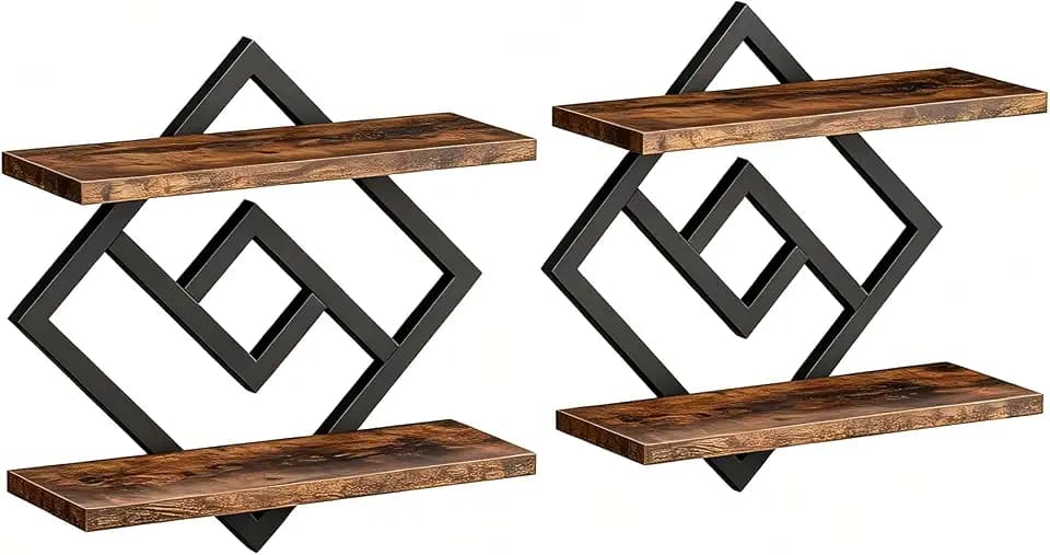 Wandregal 2er-Set, Zweistufiges Schweberegal Vintage Braun mit Geometrischem Metallrahmen