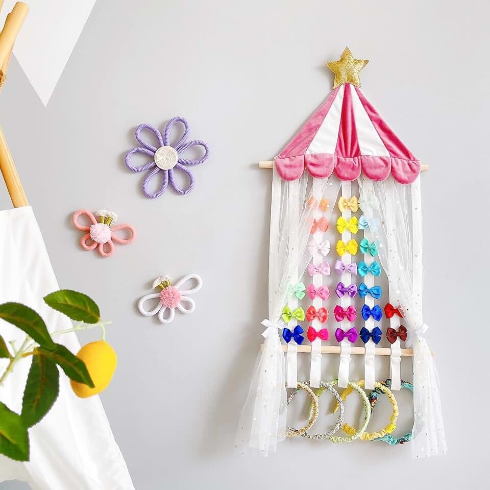 Hair Bows Organizer for Girls, Baby Headbands Hair Accessories Organizer Storage Wall Hanging Decor for Toddler Girls Room Gold Star Canopy Design, White Tulle Curtain Display(Pink)