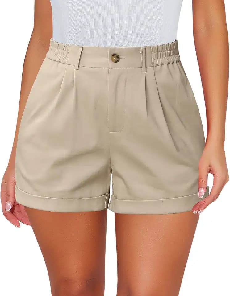 luvamia Shorts for Women High Waisted Dressy Casual Cotton Stretch Twill Elastic Waist Pleated Summer Shorts with Pocket