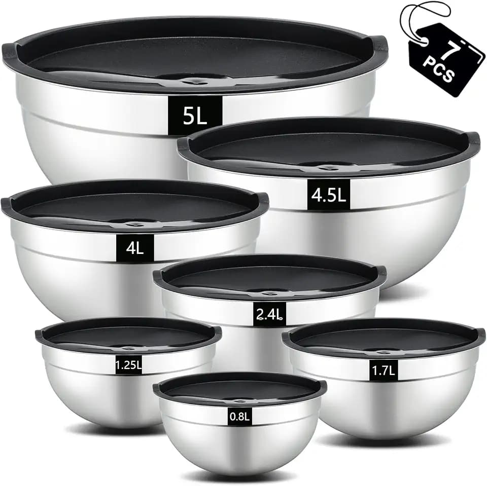 hunnycook Rührschüssel 7-teiliges Set, Edelstahl Salatschüssel mit Deckel, Stapelbares Rührschüssel Set, Mixing Bowls, Spülmaschinenfest, 5L, 4.5L, 4L, 2.4L, 1.7L, 1.25L, 0.8L