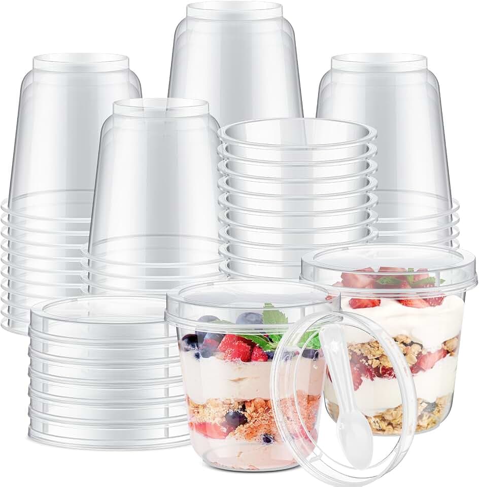 Jingmore 50 Pack 9.5oz Clear Plastic Yogurt Parfait Cups with Lids Spoons