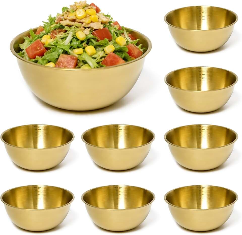 8 Stück Salatschüssel Gold Edelstahl 19 cm, mit 1.2L Skala, Küchen