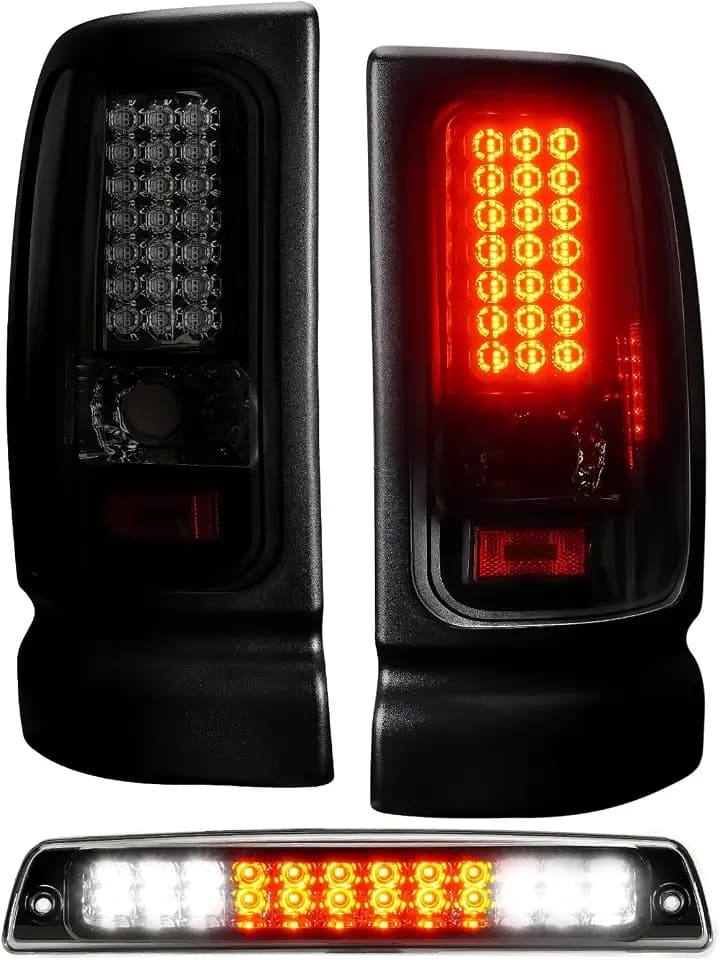 ILONPA 3PCs Led Tail Lights Assembly, Tail Lights Pair+3rd Brake Lamp for 1994-2001 Ram 1500, 1994-2002 Ram 2500 3500, Smoked Lens, Only Fit Factory Incandescent Models