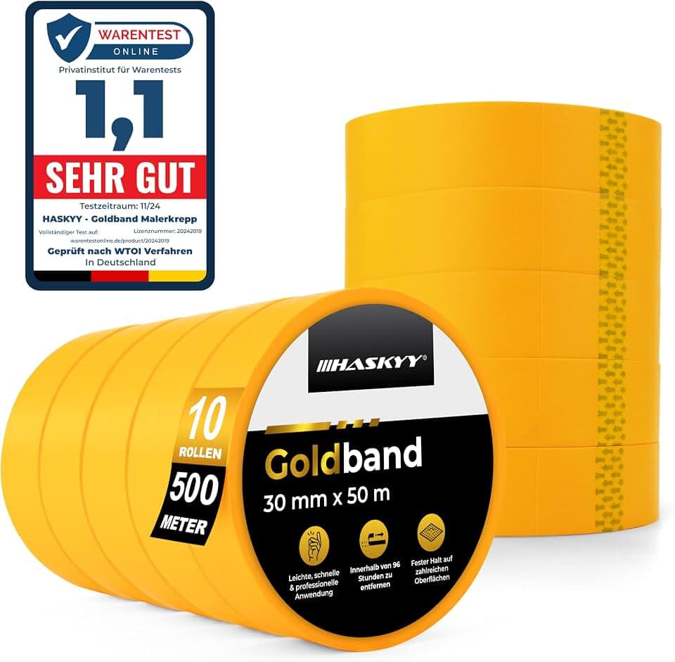 HASKYY Goldband Malerkrepp Kreppband 10x Malerband 30mm x 50m Profi Abdeckband Malertape Klebeband Washi Tape Gold Papiertape Selbstklebend