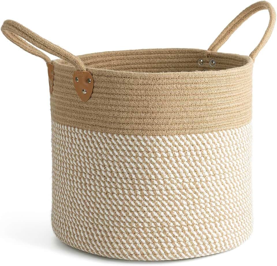 CHICVITA Wicker Storage Basket with Leather Handles, 14" x 12", White