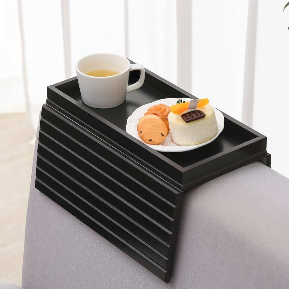 GEHE Natürlicher Bambus Sofa-Armlehnentablett, Antirutsch-Tisch für Couch, Getränkehalter für Snacks, Telefon, Fernbedienung, Flexibel und Faltbar, Schwarz
