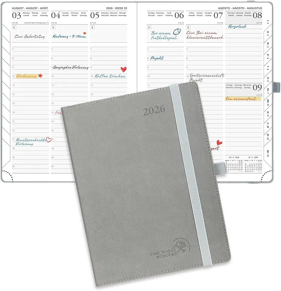 POPRUN Kalender 2026 Wochenplaner 22 x 16,5 cm, 12-Monate-Terminplaner (Jan.2026-Dez.2026), Buchkalender 1 Woche 2 Seite Softcover mit PU-Leder - Grau