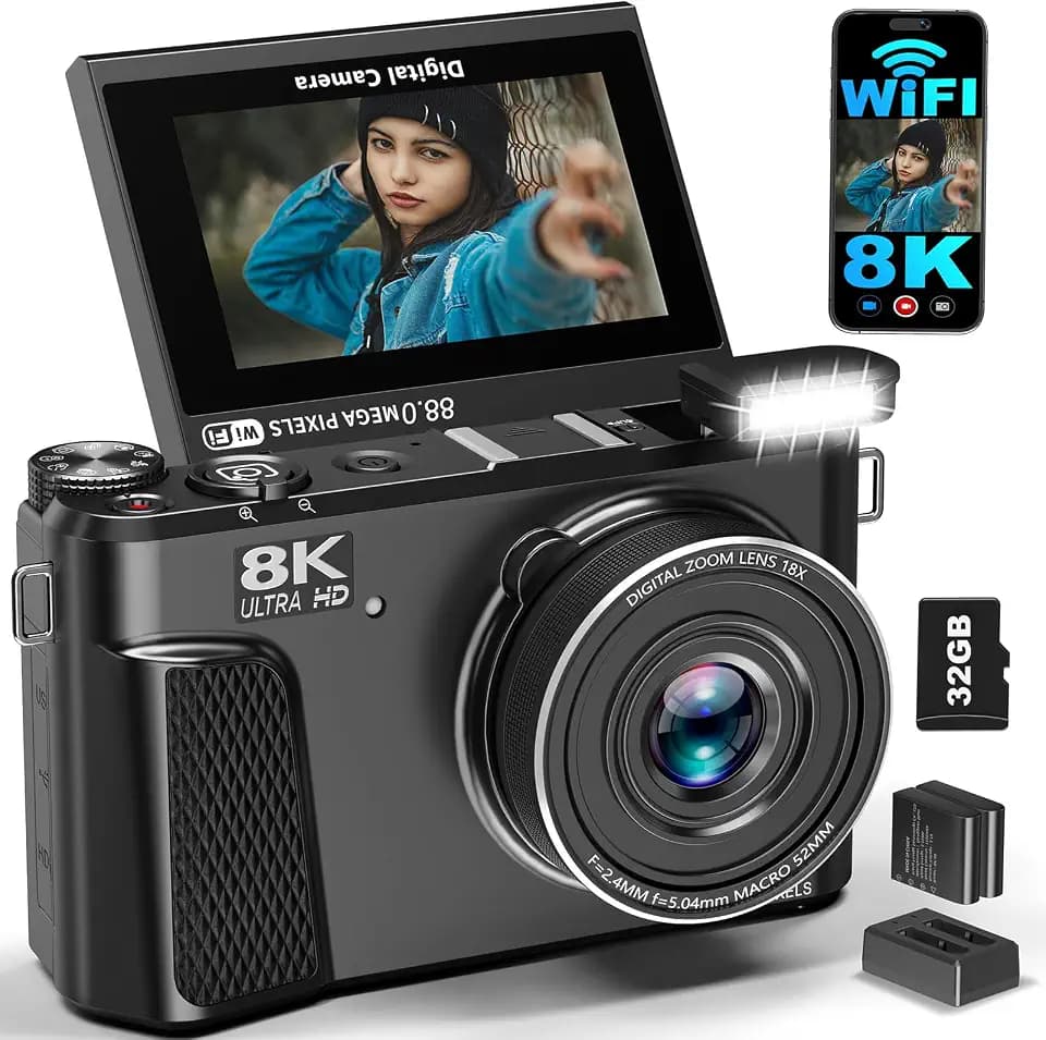 8K Digital Camera for Photography, Autofocus Vlogging Camera for YouTube, 18X Zoom & 3" 180° Flip Screen 88MP Travel Camera with 2 Batteries and 32 GB Gard, Gunmetal