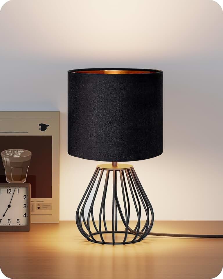 Black Table Lamp,12.6" Small Bedside Lamp, Velvet Lampshade