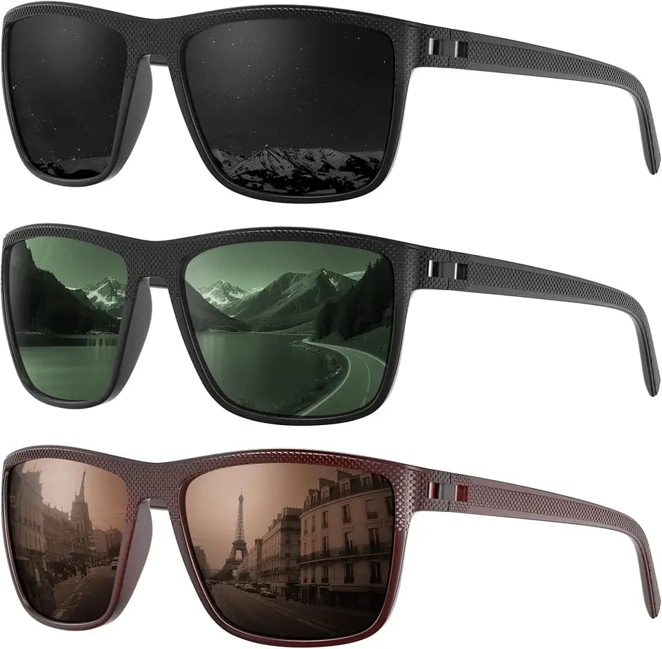 Fanshen Square Polarized Sunglasses for Men, 3 Pack Lightweight UV Protection Sun Glasses for Driving Fishing Golf