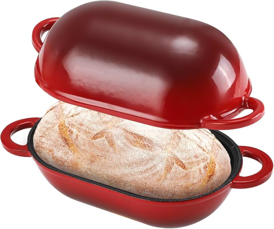 Gusseisen Brotbackform mit Deckel, 23 cm Emaille Gusseisen Topf Brot Backen, Bräter mit Deckel 2,75 L, Idealer Brottopf, Brotbacktopf, Backofengeeignet (Farbverlauf Rot)