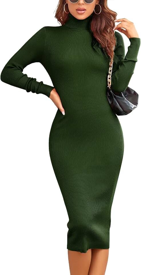 Rocorose Women's Turtleneck Ribbed Elbow Long Sleeve Knit Sweater Dress