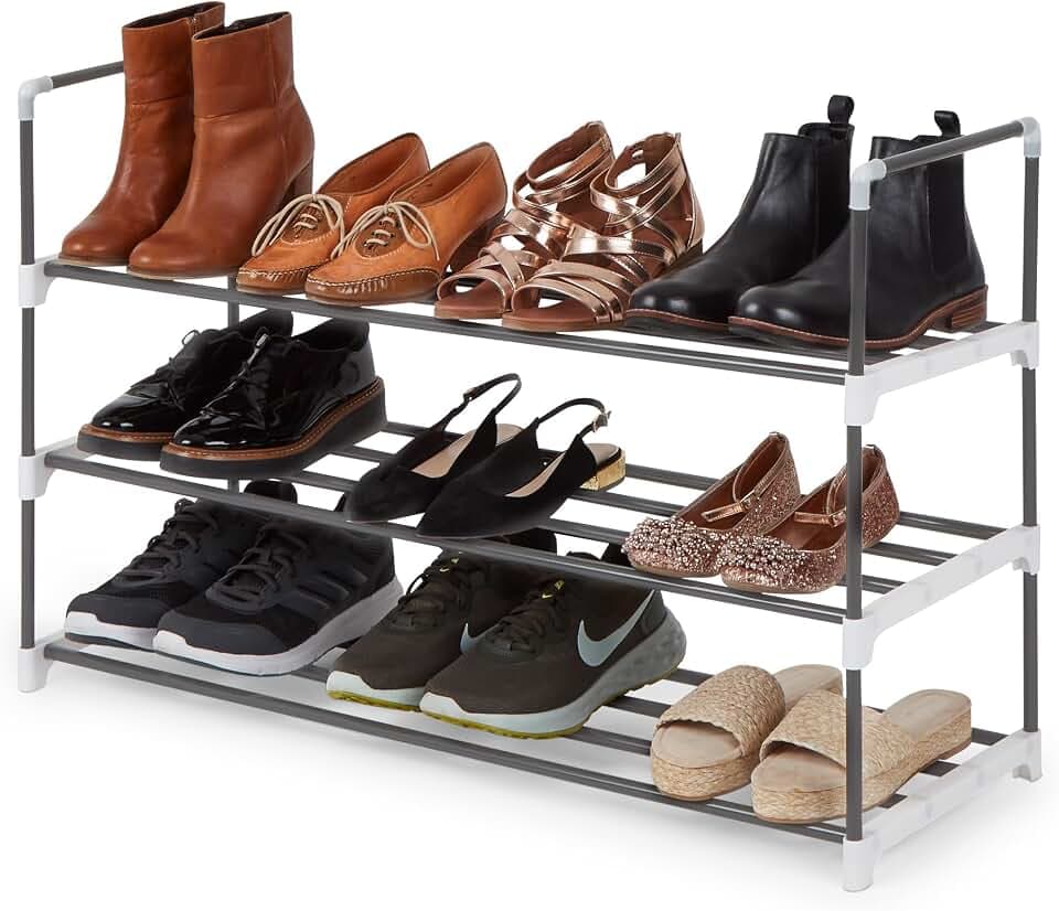 KEPLIN 3-stufiges Graues Metall-Schuhregal I Platzsparende, schmale Schuhaufbewahrung für Stiefel & Turnschuhe I Robuste Aufbewahrung für Schuhe I Schuhschrank für eine aufgeräumte Garderobe und Flur