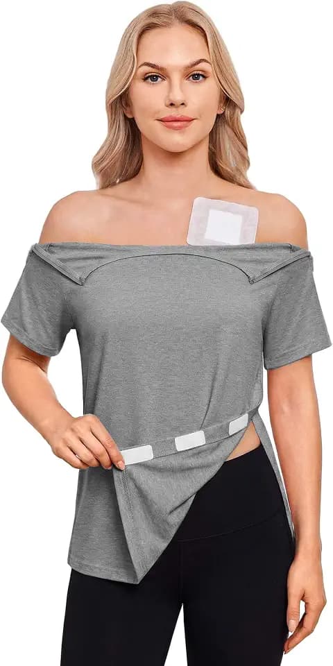 Deyeek Women's Shoulder Surgery Shirt Half Zip Tear Away Chemo Port Top