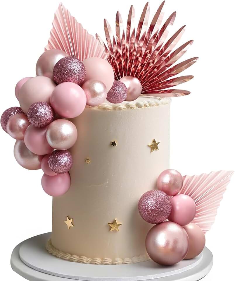 34 Stück Kugeln Tortendeko, Glitter Rosa Kuchen Dekoration Geburtstag, Palmblätter Kuchendeko, Schaum Ball Cake Topper für Hochzeit, Geburtstag, Valentinstag, Baby Shower