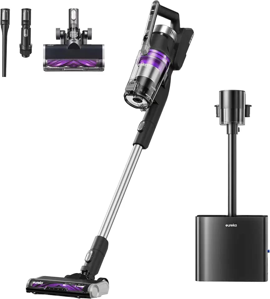 EUREKA Stylus Elite Akku Staubsauger mit Absaugstation, 24000 Pa, Automatische Staubentleerung, 3L Staubbeutel, 60 Minuten Laufzeit, Anti-Verwicklungsbürste, LED-Scheinwerfer, Abnehmbarer Akku
